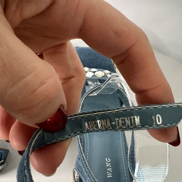 Azalea Wang Aberna Denim Rhinestone Chunky Heel Sandal Blue Size 10 Embellished - Picture 8 of 11